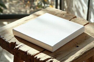 Fototapeta premium Blank white canvas rests on rustic wooden surface, bathed in sunlight, ready for artistic creation.