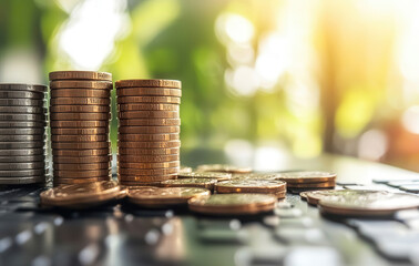 Stacks of coins on reflective surface with blurred green background