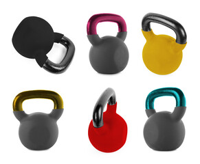 Kettlebells with metal handles in different colors on white background, collage