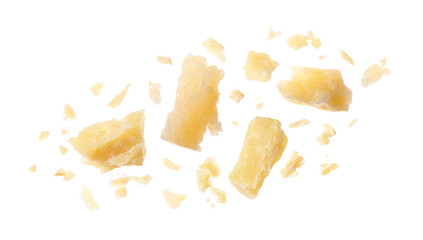 Pieces of delicious parmesan cheese flying on white background