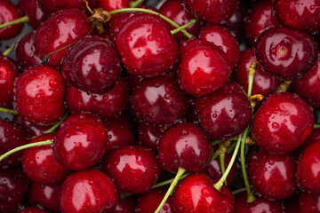Fresh cherries background, vibrant red fruit texture and healthy food concept
