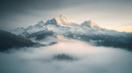 Obraz premium Majestic Snow Capped Alps Misty Mountain Peaks Winter Wonderland