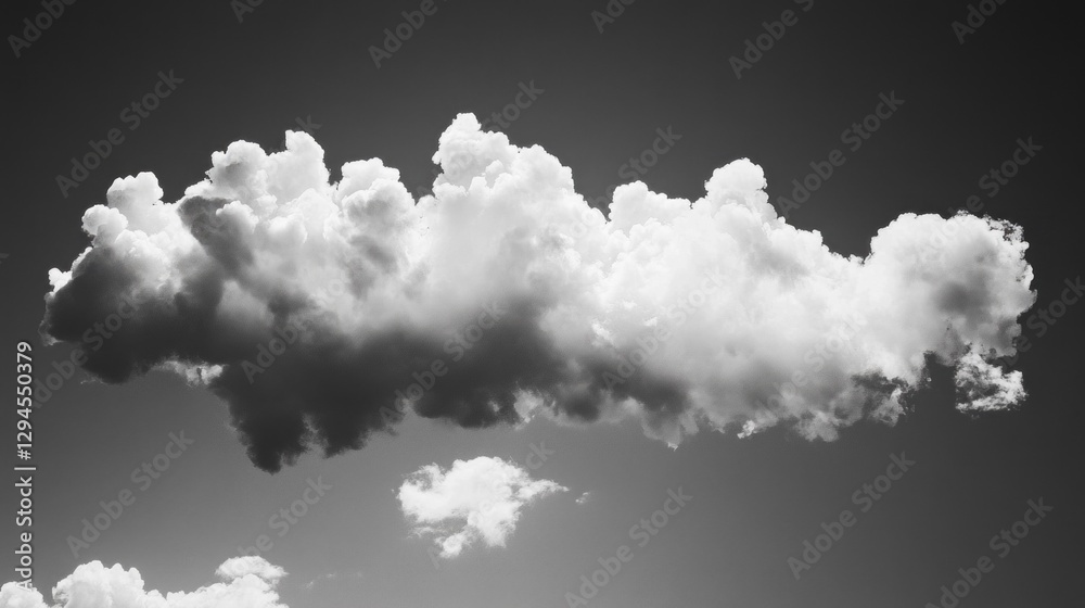 Poster A magnificent cloud cluster floats gracefully in a monochrome sky, casting shadows below as the sun gently illuminates its soft edges, creating an atmosphere of calm reflection