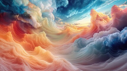 Fototapeta premium A digital art piece depicting a vibrant, abstract landscape with swirling clouds and a radiant sun.