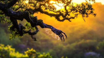 Eerie Sunset  Skeletal Hand in Oak Tree  Cobwebs  Autumnal Landscape