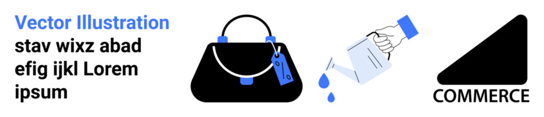 Luxury handbag with tags, pouring liquid from container, black triangle shape for commerce. Ideal for luxury, fashion, e-commerce, sustainability, design, online shopping flat landing page banner