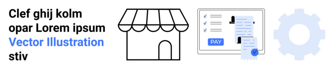Storefront icon with striped awning next to interactive checklist and gear visual. Ideal for retail, commerce, workflow design, business tools, organization, task management. Abstract line flat