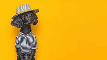 Obraz premium Cute Black Dog in Summer Hat Shirt Yellow Background Pet Fashion Adorable Puppy