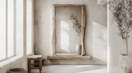 A minimalist living room with a large mirror, wooden stool, and potted plant.