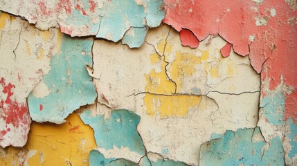 Obraz premium A tapestry of pastel colors emerges as paint peels artistically from a wall, exposing textures and stories from its layered past.