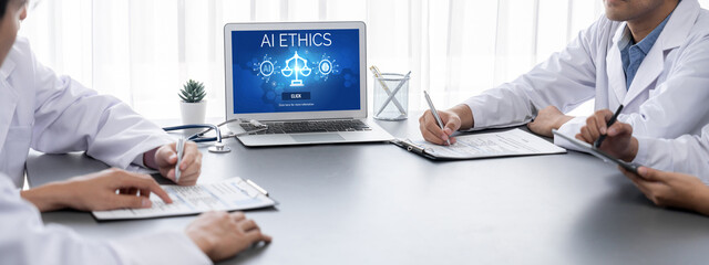 AI ethics responsibility standard law and rules on computer screen provide report of AI ethic...