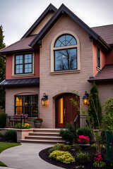 Luxury Home Exterior at Dusk: Brick Facade, Landscaping, and Elegant Design