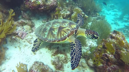 Obraz premium Majestic Sea Turtle in Vibrant Coral Reef