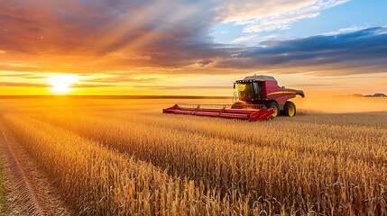 A wide field of corn being harvested by a combine under a setting sun 