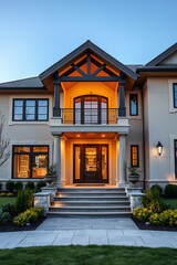 Obraz premium Luxury Dream Home: Captivating Modern Architecture at Dusk. This elegant mansion boasts a grand entrance, exquisite design, and breathtaking exterior, making it the ultimate symbol of refined living.