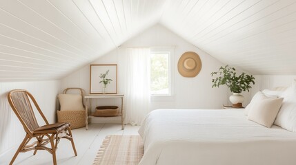 Fototapeta premium Serene Bedroom Interior: A tranquil bedroom in a bright attic space, showcasing simple elegance with a cozy bed, natural light, and subtle decor elements.