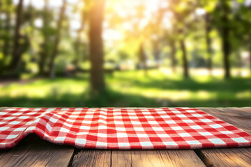 Empty wooden table with a red and white checkered kitchen towel over a blurred nature background