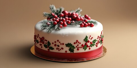 Festive Christmas cake decorated with holly, red berries, and pine branches for a seasonal celebration