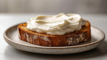 Creamy cheese spread on toasted bread, plate, kitchen, food photography, recipe