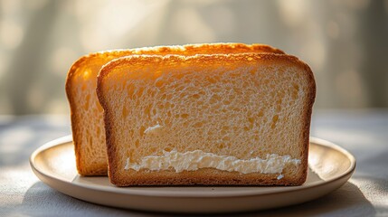 Creamy bread slices, sunlit kitchen, breakfast, food photography
