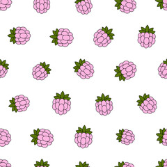Raspberry seamless pattern. Endless background of raspberries for wrapping, textile, package, print with fresh red berries sweet garden farm fruit design. Vector raspberry texture