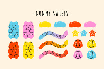 Naklejka premium Gummy jelly sweets. Cartoon sugar chewing candies, gummy bears, worms, bean stars, colorful glossy kids dessert different shapes. Vector isolated set