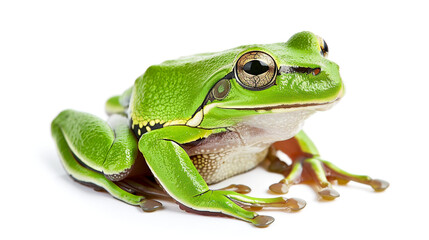 Obraz premium A highly detailed European green frog sitting on a white backgroound.