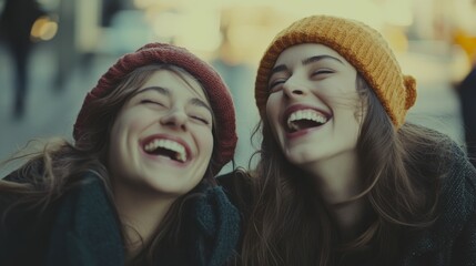 Obraz premium Two friends in warm beanies sharing a joyful laugh, capturing a candid moment of genuine happiness in a blurred outdoor setting.