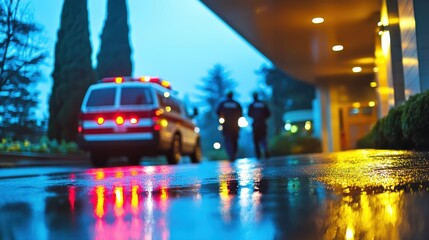 Emergency Responders Arriving at Hospital during Rainy Night