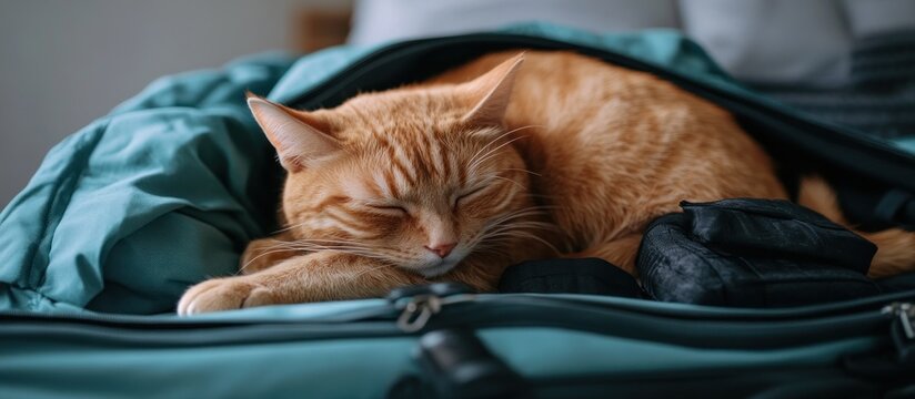 Orange tabby cat sleeping soundly in a teal suitcase.