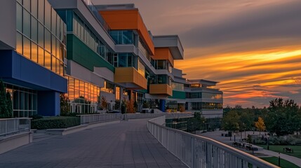 Obraz premium Modern Office Building Sunset Vibrant Glass Facade Urban Architecture