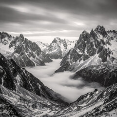 Obraz premium Majestic Mountain Vista: An awe-inspiring black and white panoramic landscape of rugged mountain peaks piercing through a sea of clouds. Capturing the raw power of nature.