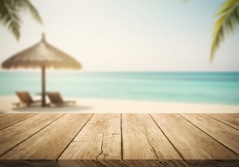 Fototapeta premium Vintage-Style Weathered Wooden Table with Tropical Beach Background – Perfect for Food, Drink, and Lifestyle Advertising