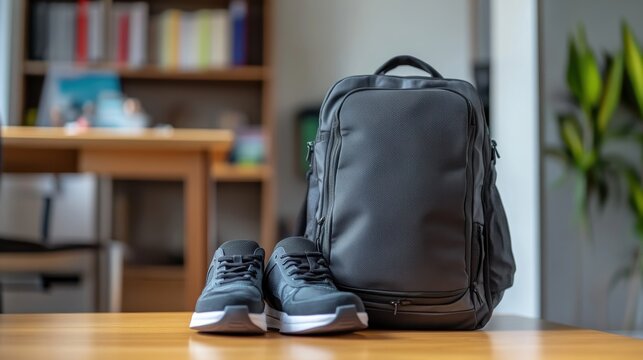 Modern black backpack and sports shoes on wooden table indoors