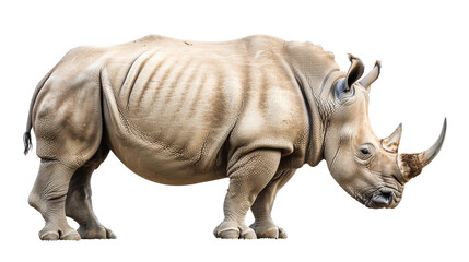 Fototapeta premium A highly detailed side profile of a rhinoceros standing against a white background 