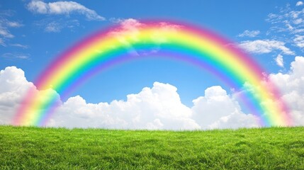 Naklejka premium Vibrant Rainbow Arching Over Lush Green Meadow Under Blue Sky