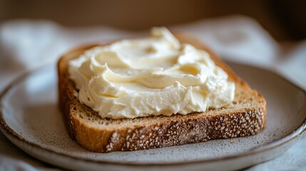 Creamy spread on toast, breakfast, kitchen, fabric background, food photography
