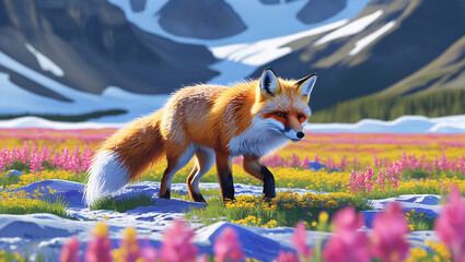Arctic fox in spring vibrant alpine meadow, colorful wildflowers, snow-capped mountains in the background. Digital wildlife landscape illustration.