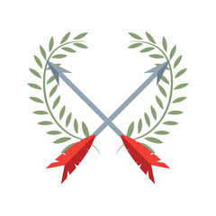 Flat vector illustration of two crossed arrows with red fletching surrounded by a green laurel wreath, symbolizing victory and battle