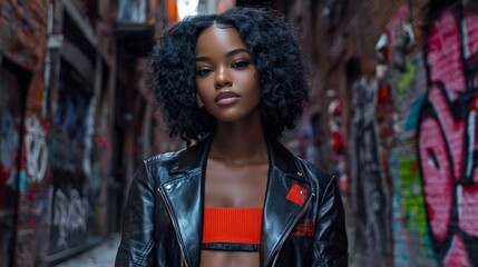 Naklejka premium Confident Black Woman in Leather Jacket Urban Alley Graffiti Art