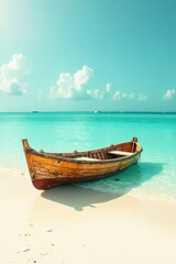 Fototapeta premium Serene Coastal Scene Wooden Rowboat on Pristine Sandy Beach with Turquoise Waters and Fluffy Clouds