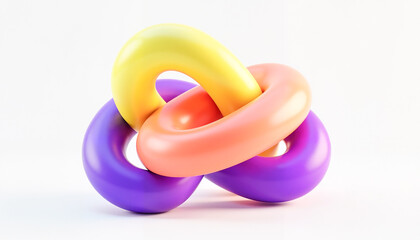 Hyperrealistic 3D render of a smooth candy-colored knot sculpture in pastel yellow, neon coral, and royal purple against a white background, concept of vibrant creativity.