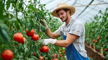 A worker harvesting tomatoes in a large greenhouse with rows of plants