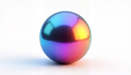 Obraz premium High-resolution metallic sphere with a holographic gradient shifting from deep blue to radiant orange, centered against a white background, vibrant design concept.