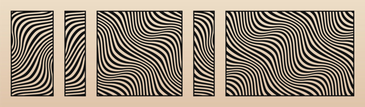 Laser cut patterns set. Vector template with liquid lines, wavy stripes, fluid shapes. Trending design. Decorative stencil for CNC, laser cutting of wood, metal, paper. Aspect ratio 1:2, 1:1, 1:4, 3:2