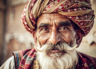 Captivating portrait of an elderly south asian man with a thick white mustache wearing a turban in a vibrant cultural setting