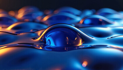 Floating molten glass-like forms in deep sapphire blue with warm golden highlights, elegant and high-end visual concept.