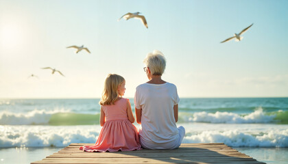 Fototapeta premium Devoted grandmother and her granddaughter enjoying the beach view on a wooden dock, warmth of family connection.