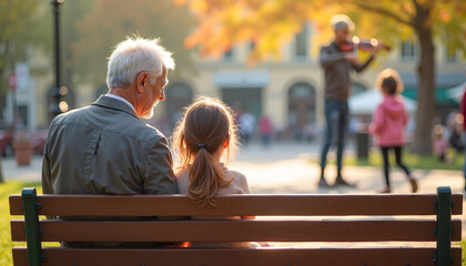 Caring grandfather and little granddaughter enjoying a street performance by a violinist while sitting on a park bench, joyful family bonding concept.