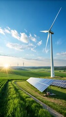 Obraz premium Stunning Sunset Landscape with Solar Panels and Wind Turbines Green Energy Aesthetics